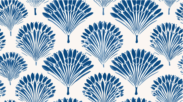 Japanese seamless pattern with blue hemp leaf motif. Repeating pattern showing stylized Japanese asa-no-ha motif in indigo blue