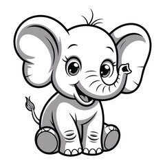 Fototapeta premium Happy baby elephant drawn in black and white cartoon style, featuring a cute animal character sitting forward with a joyful expression, perfect for coloring pages, children's books, educational materi