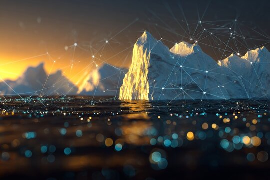 The arctic's living symphony: birds and icebergs in harmony. Tech ecosystem. Birds and icebergs: subtle shifts in an arctic dreamscape. Digital intelligence. Intelligent network.