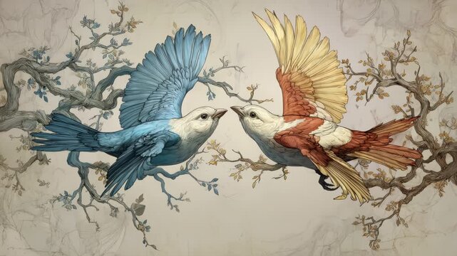 Two colorful birds, one blue and one red, gracefully interact while perched on branches, showcasing their vibrant feathers and intricate details in a serene setting