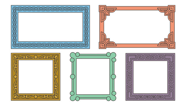 Conjunto de marcos decorativos coloridos con diversos estilos ornamentales y formas geom&eacute;tricas para dise&ntilde;o gr&aacute;fico y enmarcado de im&aacute;genes sobre fondo blanco