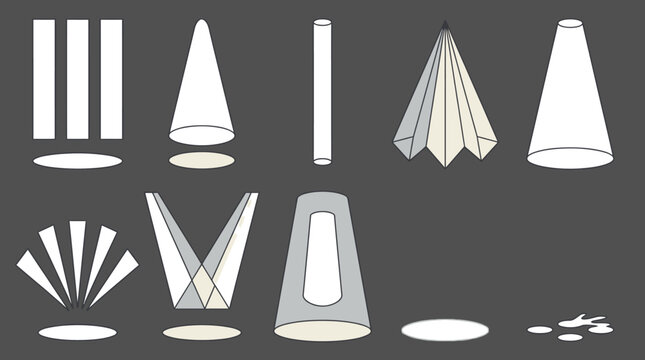 Conjunto de iconos vectoriales que representan diferentes tipos de patrones de iluminaci&oacute;n de focos y haces de luz para dise&ntilde;o de escenarios, arquitectura e iluminaci&oacute;n profesional.