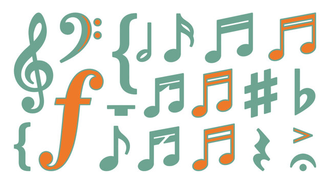 Conjunto de iconos de notas musicales y s&iacute;mbolos de notaci&oacute;n en colores pastel verde y naranja sobre fondo blanco, ideal para dise&ntilde;o gr&aacute;fico, educaci&oacute;n musical y proyectos creativos.