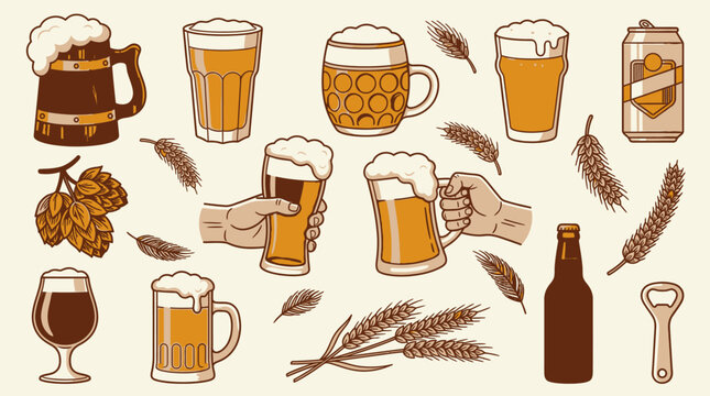 Conjunto de iconos de cerveza con jarras, vasos, botellas, latas, manos brindando, l&uacute;pulo y espigas de trigo en estilo de ilustraci&oacute;n vectorial plana sobre fondo claro