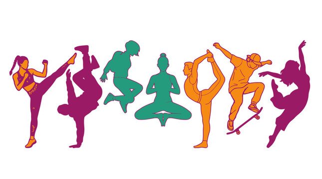 Ilustraci&oacute;n vectorial de siluetas coloridas que representan diversas actividades f&iacute;sicas, incluyendo artes marciales, yoga, baile, skate y ejercicio din&aacute;mico sobre un fondo blanco limpio.