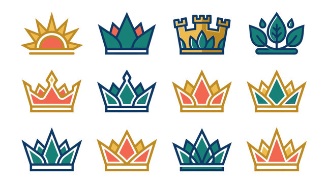 Conjunto de iconos de coronas estilizadas con dise&ntilde;os geom&eacute;tricos y org&aacute;nicos en colores planos sobre fondo blanco, ideales para logotipos, branding y elementos de dise&ntilde;o gr&aacute;fico creativo.