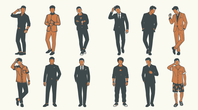 Conjunto de ilustraciones vectoriales de hombres con diversos estilos de ropa, desde trajes formales hasta vestimenta casual, posando en diferentes actitudes sobre un fondo claro.