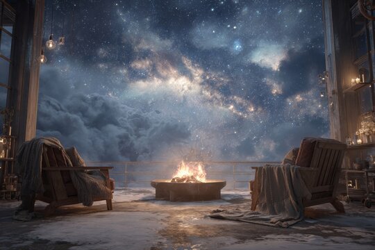 Rustic night with crackling wood fire pit under starlit sky. Fir