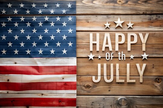 Happy Forth of July Independence Day text messege with USA flag on wooden background
