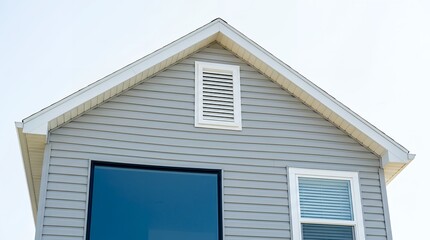 Obraz premium Modern residential house gable with light gray vinyl siding, a small white louvered vent, and contrasting windows. Contemporary home exterior architecture