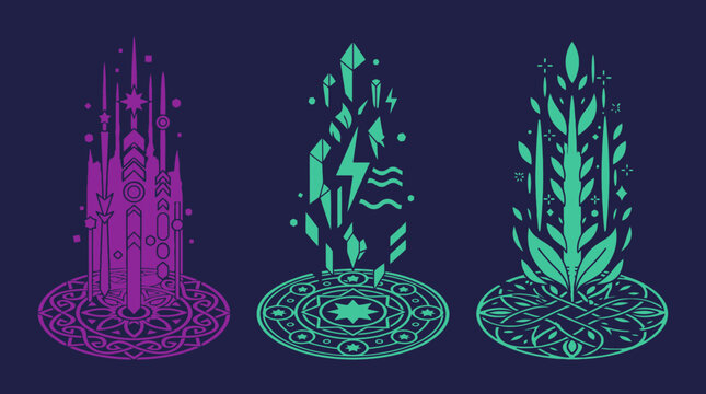 Conjunto de tres portales m&aacute;gicos vectoriales con dise&ntilde;os abstractos de fantas&iacute;a, elementos geom&eacute;tricos, s&iacute;mbolos m&iacute;sticos y efectos de luz brillantes sobre un fondo oscuro para juegos