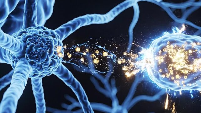 3d illustration of a synapse, a junction between two nerve cells, with neurotransmitters being released to transmit signals in the brain