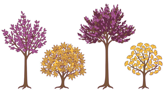 Conjunto de ilustraciones vectoriales de &aacute;rboles decorativos con follaje colorido en tonos morados y amarillos sobre un fondo blanco limpio, ideal para dise&ntilde;o gr&aacute;fico y proyectos de naturaleza.