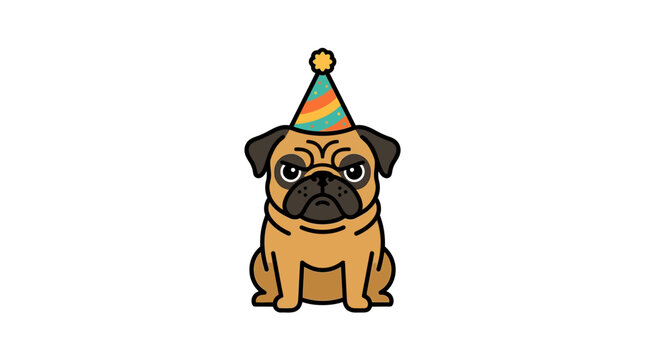 A grumpy little dog wearing a colorful party hat on a white background