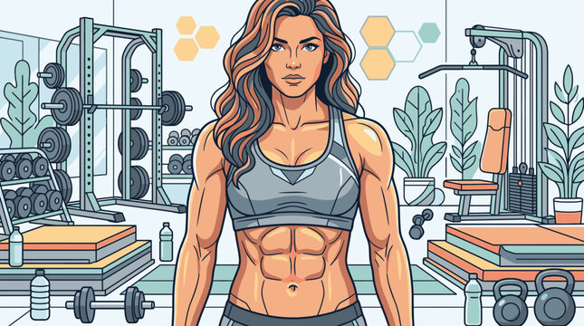 Mujer atl&eacute;tica con cuerpo tonificado posando en un gimnasio moderno, rodeada de equipos de entrenamiento, pesas y plantas decorativas en una ilustraci&oacute;n de estilo c&oacute;mic vibrante.