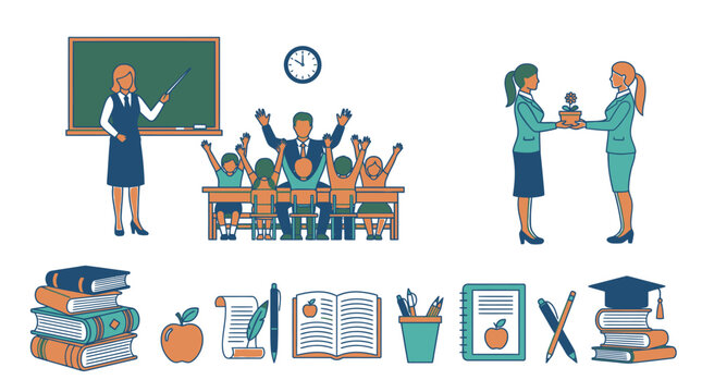 Conjunto de iconos educativos con una profesora ense&ntilde;ando en clase, estudiantes participando, entrega de diploma y diversos materiales escolares como libros, l&aacute;pices y una manzana sobre fondo blanco.