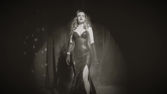 black and white color film sexy happy woman opens curtains throws drapes goes on stage full smoke singer fashion model, long dress. girl beauty face lips. Retro lady old style hair 20s new year party.