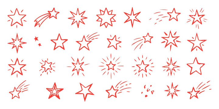Set of hand drawn pink stars and shooting stars doodles for creative design elements