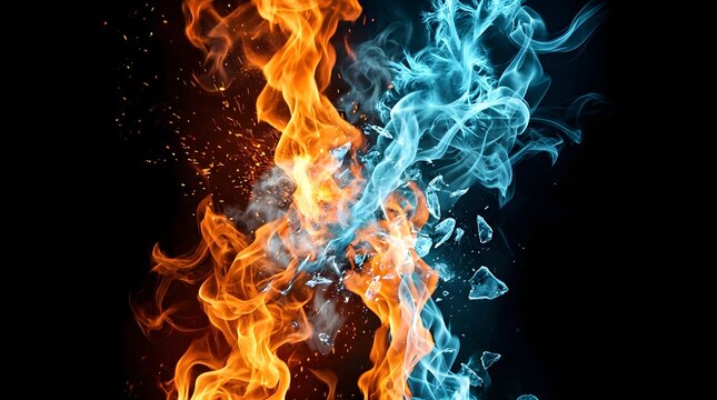 Cinematic fire and ice collision on black background. Abstract orange flames and blue frozen smoke elements. Dynamic hot and cold energy concept.