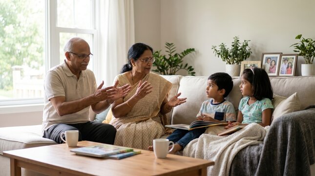 Indian grandparents share stories and knowledge with children, celebrating India's Independence Day