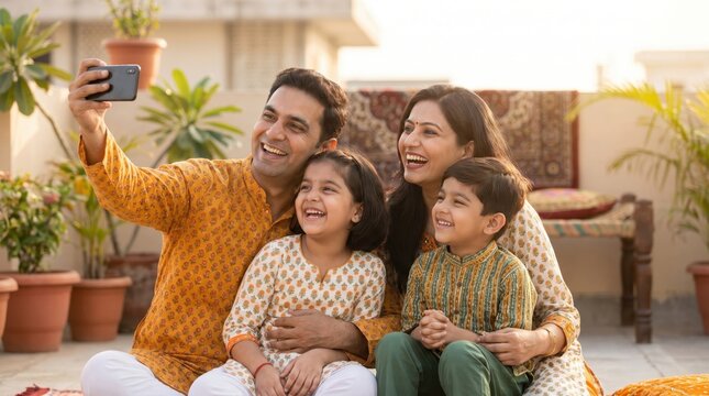 Joyful Indian Family Celebrating India's Independence Day Outdoors