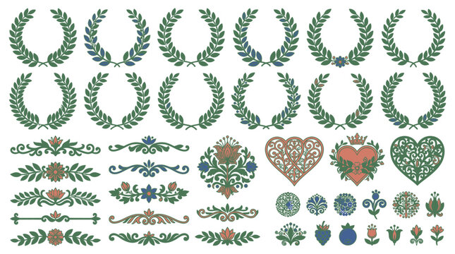 Colecci&oacute;n de elementos decorativos vintage con coronas de laurel, adornos florales, corazones ornamentados y divisores de texto en estilo cl&aacute;sico sobre un fondo blanco aislado