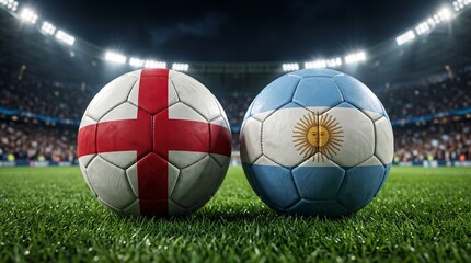 Obraz premium Two Soccer Balls Textured with National Flags of England and Argentina on Green Pitch in Large Stadium Before International Match