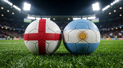 Fototapeta premium Two Soccer Balls Textured with National Flags of England and Argentina on Green Pitch in Large Stadium Before International Match