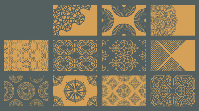 Colecci&oacute;n de patrones ornamentales geom&eacute;tricos y florales en tonos beige y gris oscuro, ideales para dise&ntilde;os de tarjetas de visita, fondos decorativos, papeler&iacute;a elegante y proyectos creativos.