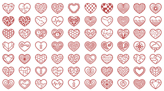 Colecci&oacute;n de iconos de corazones con diversos patrones geom&eacute;tricos y texturas lineales en color rojo sobre fondo blanco, ideales para dise&ntilde;os de San Valent&iacute;n, amor y romance.