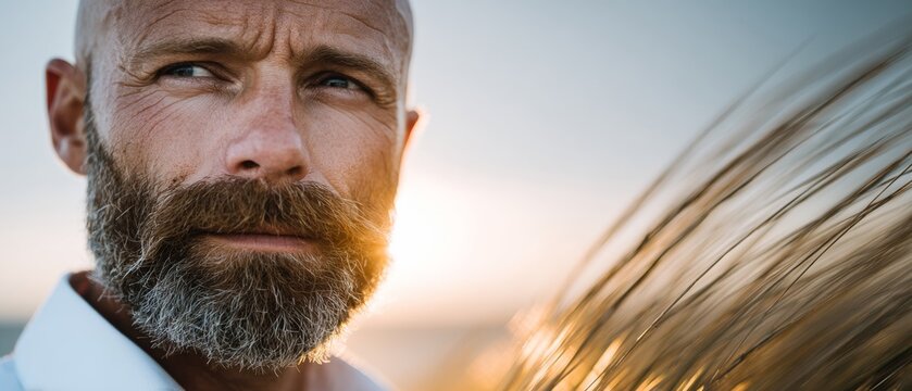 Serenity in the open: a mature man connects with the essence of freedom. Advertising photo. Serene moment in sunlit fields: a man's love for the breezy outdoors. Creative poster. Copy space.