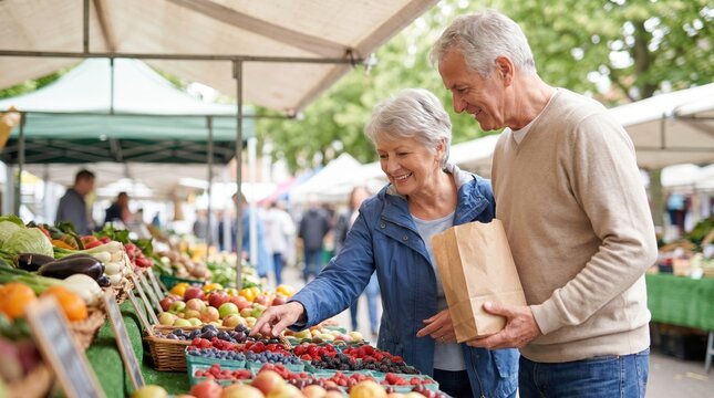 Senior Couple Shopping for Fresh Fruit at Outdoor Market for Senior Citizen Day