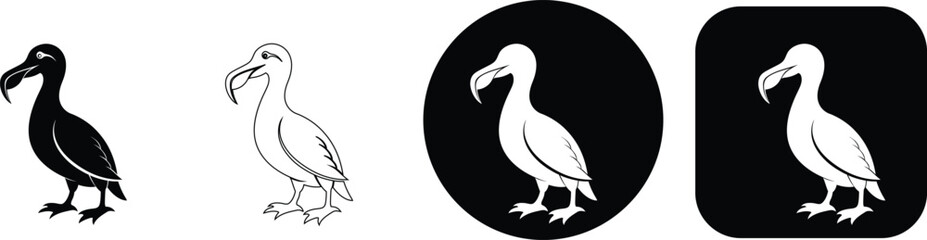 Collection of four dodo bird in black and white, featuring solid silhouette, line and white shapes within circle and square frames © SilhouetteStore