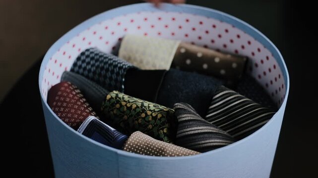 Right hand grasps and lifts folded grey striped necktie from light blue cylindrical hatbox lined with white fabric dotted red, revealing neatly rolled patterned ties inside, with tie, hand, box