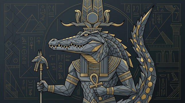 Egyptian Crocodile God With Headdress and Staff