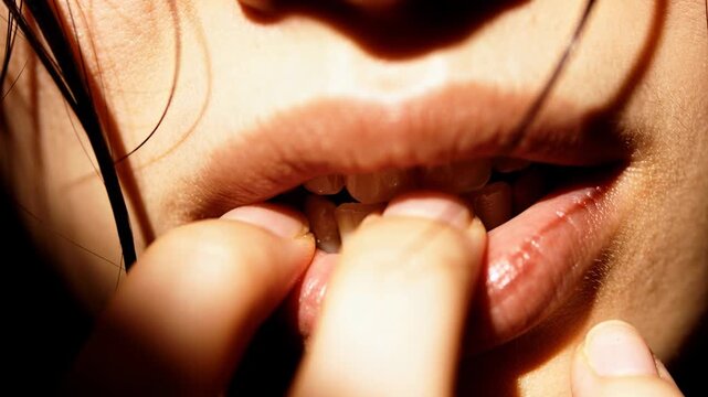 Entering woman's fingertips pressing lower front teeth and inner lip at close-up, warm light