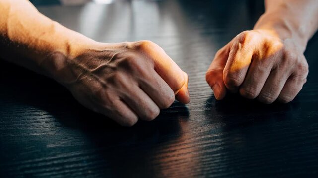 Tapping from index shift, bare veined arms flexing then settling on dark wood table, light glinting