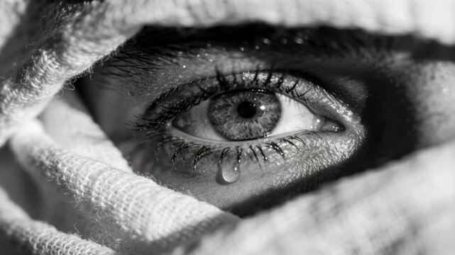 Holding closeup camera showing single female eye forming and sliding tear, scarf framing