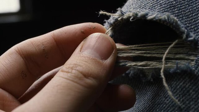 Noticing fray, person's hand pinching loose threads on denim near window, removing fiber and lint