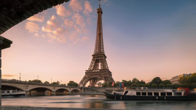 Golden Hour View of Eiffel Tower Across Peaceful Seine River in Paris