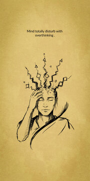 Abstract illustration of a person experiencing overthinking and mental stress, on a textured beige background.