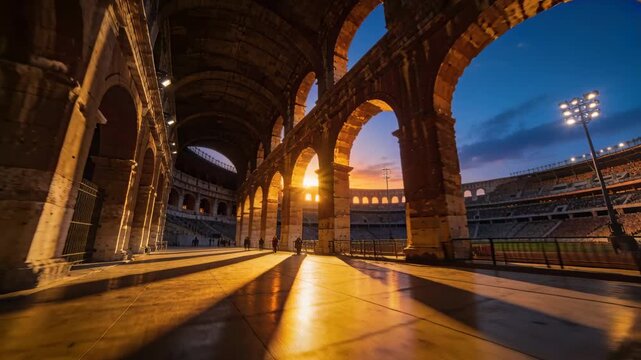 Moving camera capturing colonnade arches along Colosseum corridor at sunset, sun making reflections