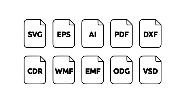 File Icons Representing Various Vector File Formats Arranged in Two Rows Featuring Svg, Eps, Ai with Pdf and Dxf Elements for Cdr, Wmf Projects