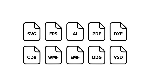 File Icons Representing Various Vector File Formats Arranged in Two Rows Featuring Svg, Eps, Ai with Pdf and Dxf Elements for Cdr, Wmf Projects