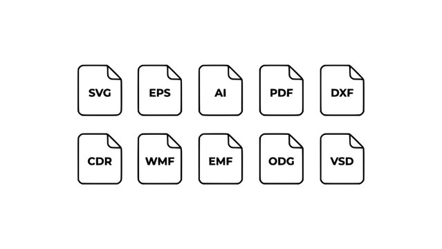 File Icons Representing Various Vector File Formats Arranged in Two Rows Featuring Svg, Eps, Ai with Pdf and Dxf Elements for Cdr, Wmf Projects