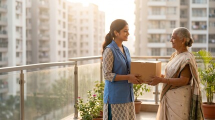 Obraz premium Young Indian woman happily receives package on balcony celebrating India's Independence Day