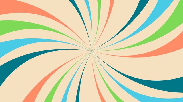 Retro Sunburst Background with Rotating Colorful Spiral Rays in Vintage Pastel Tones for 70s Style