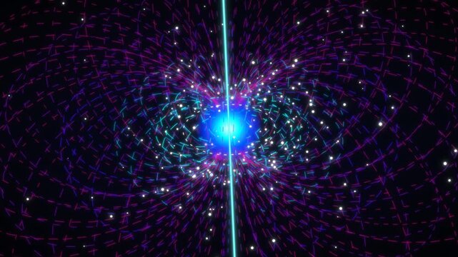 Pulsar star emitting bright blue light, surrounded by swirling magnetic fields and cosmic particles. Dynamic science fiction background, abstract energy wave, and futuristic space animation.