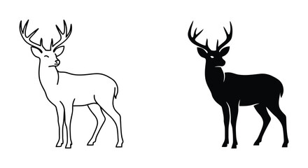 deer flat silhouette. Black deer silhouettes with antlers. Deer icon set with black and white line art illustrations of gazelle or antelope in different styles for design and branding use.  © Jannat