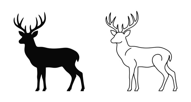 deer flat silhouette. set of whitetail deer silhouette design vector art illustration. Black deer silhouettes with antlers. 